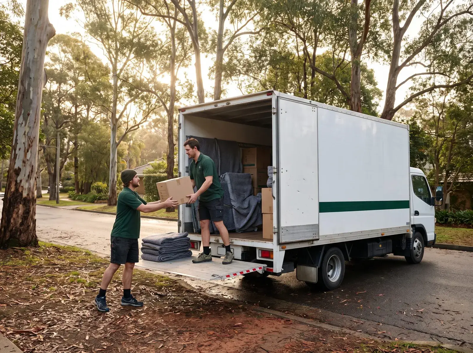Two removalists loading boxes at the tail of a removals truck