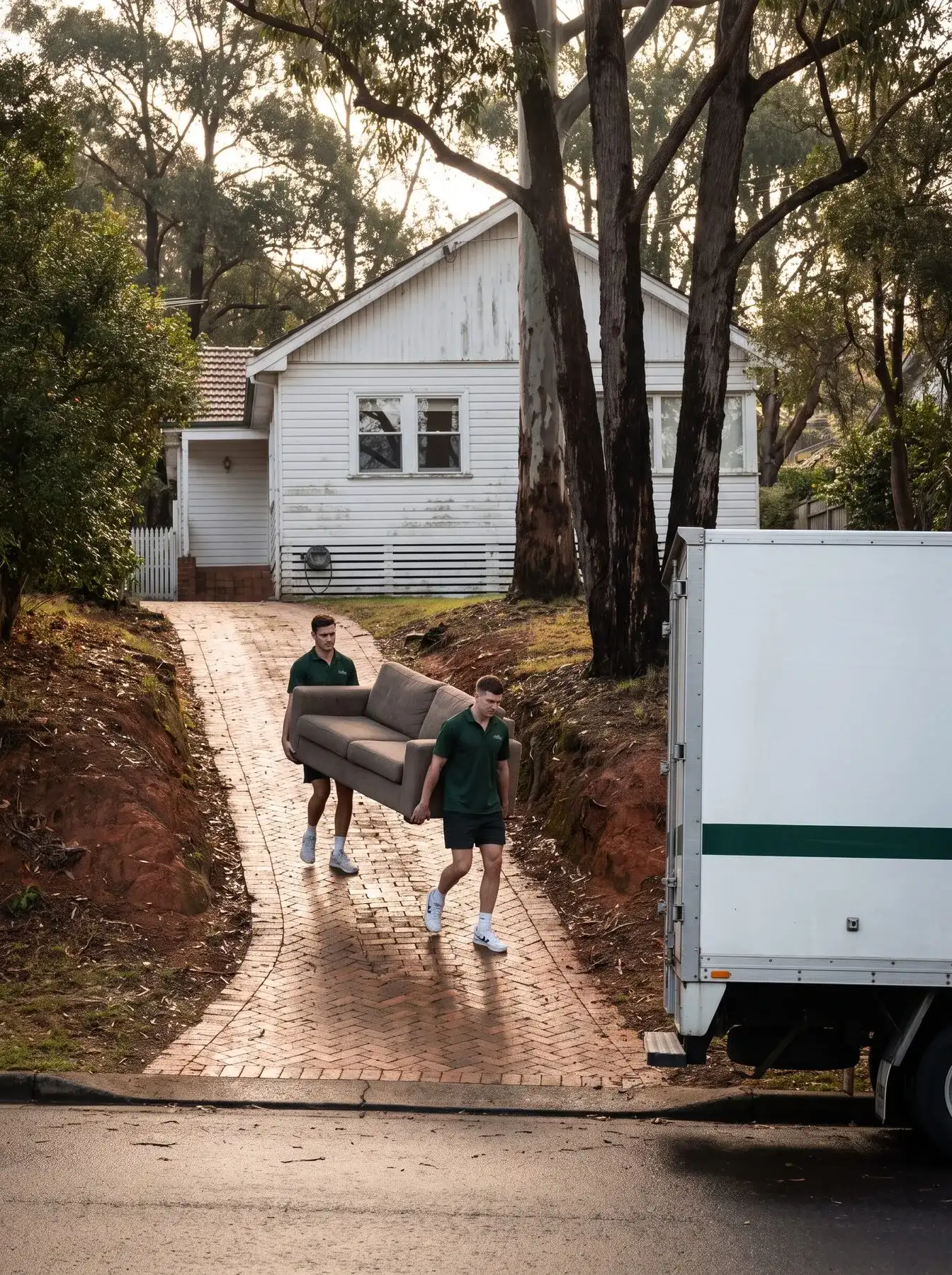 Two removalists carrying a sofa up a steep brick driveway to a weatherboard house