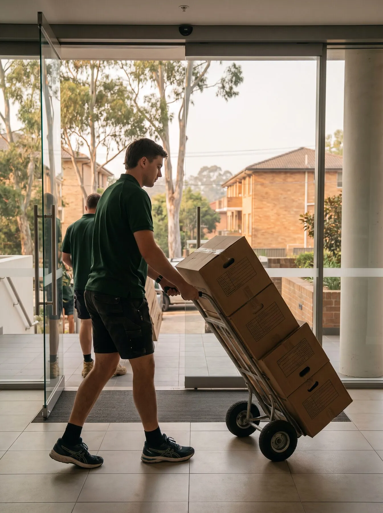 A removalist wheeling a trolley of boxes through an apartment lobby