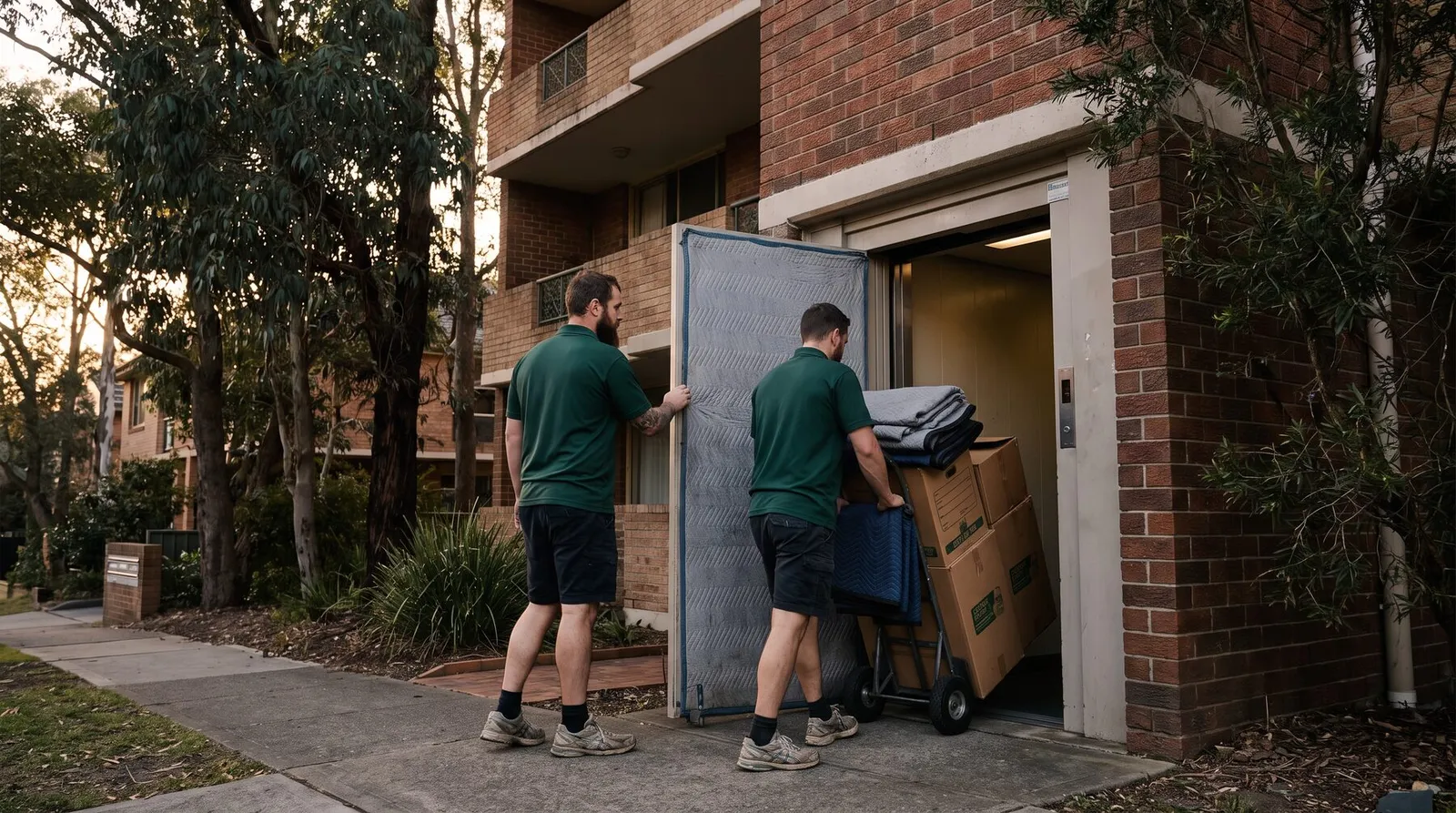Removalists wheeling boxes into a padded building lift