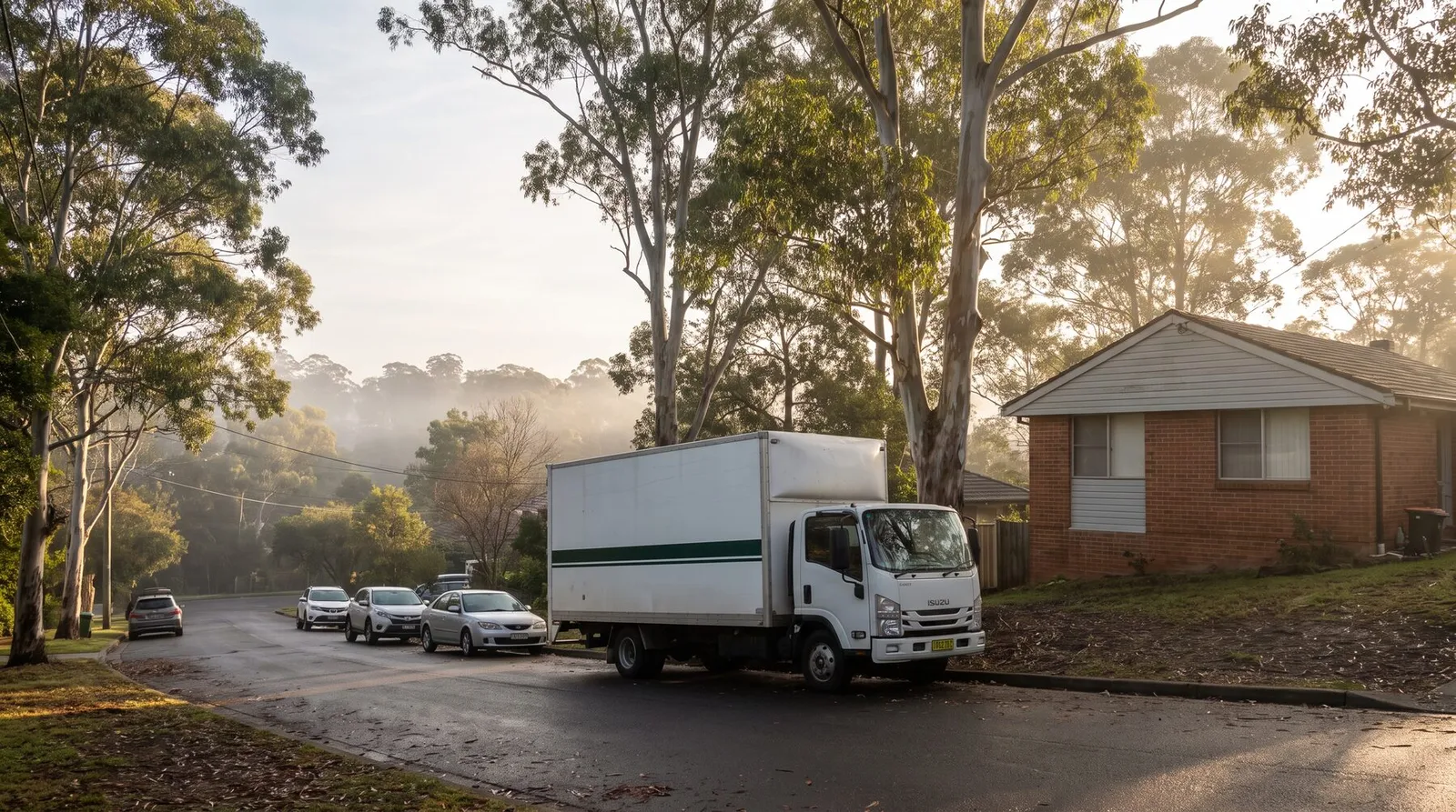 A removals truck parked on a quiet, gum-lined Hornsby street in morning light