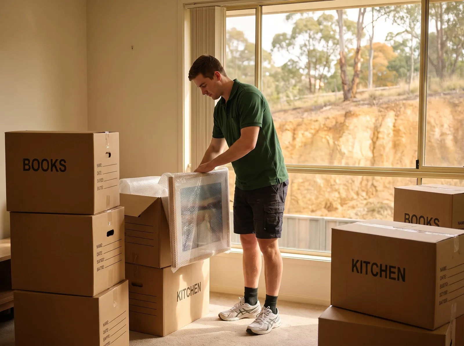 A removalist wrapping a framed picture beside labelled boxes