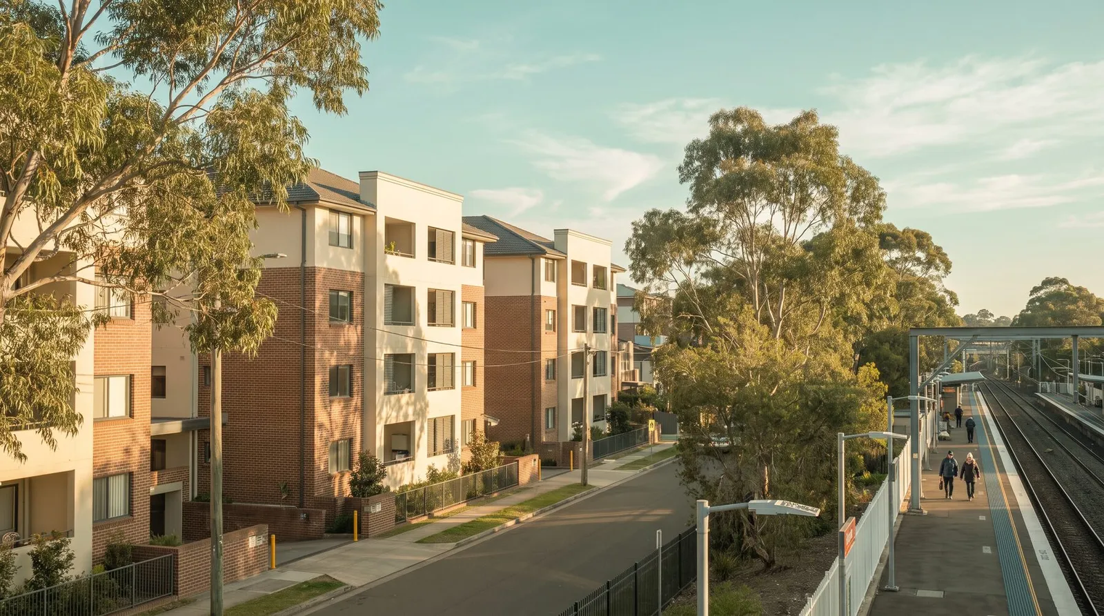Mid-rise apartment buildings between gum trees near the Hornsby rail line